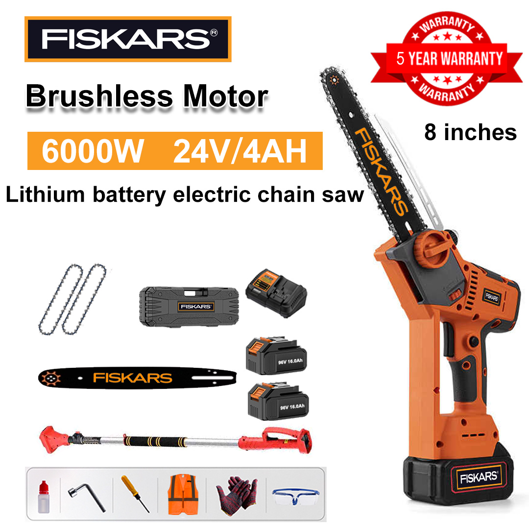 8 Inch Brushless Lithium Electric Saw, Power 6000W, 24V 4.0Ah Battery*2, Charger, Guide Plate*1, Chain*2, Tool Box, Lubricant and Goggles, Five Years Warranty(Equipped with Telescopic Pole )