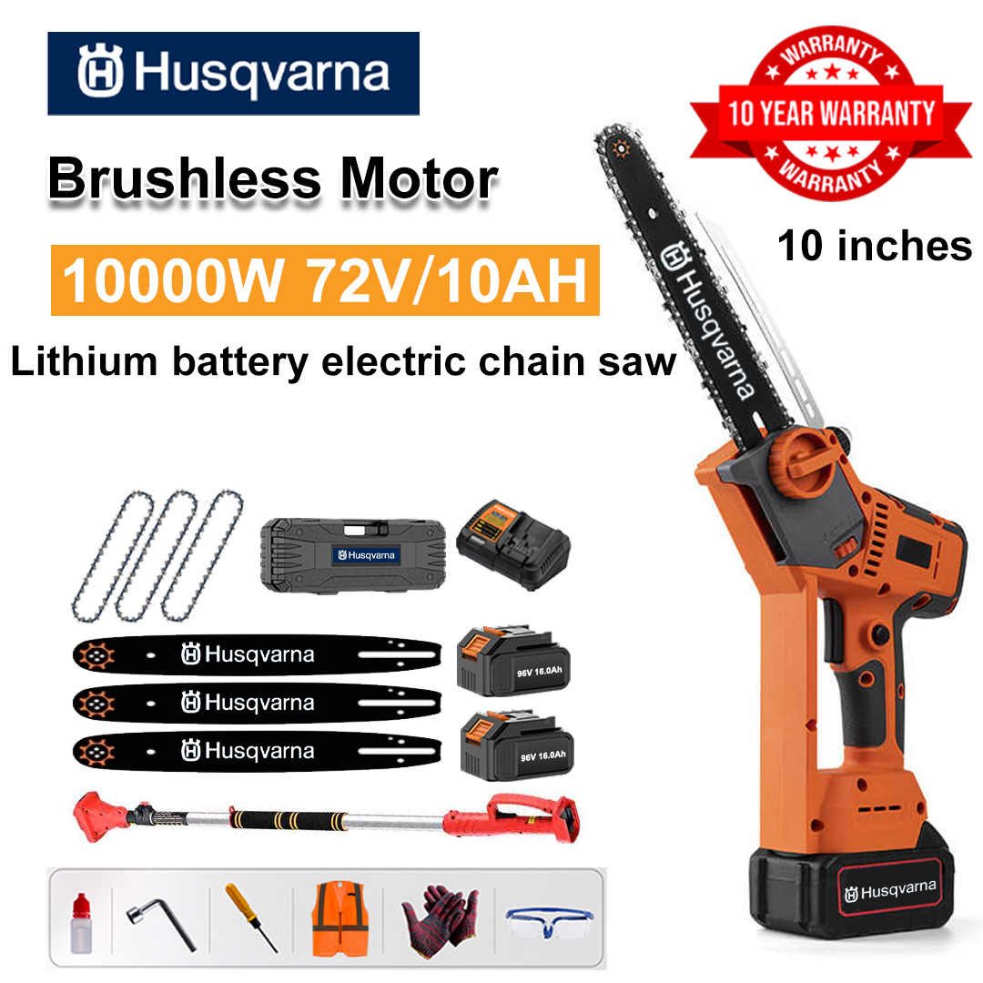 10 Inch Brushless Lithium Electric Saw, Power 10000W, 72V 10Ah Battery*2, Charger, Guide Plate*3, Chain*3, Tool Box, Lubricant and Goggles, Ten Years Warranty(Equipped with Telescopic Pole )